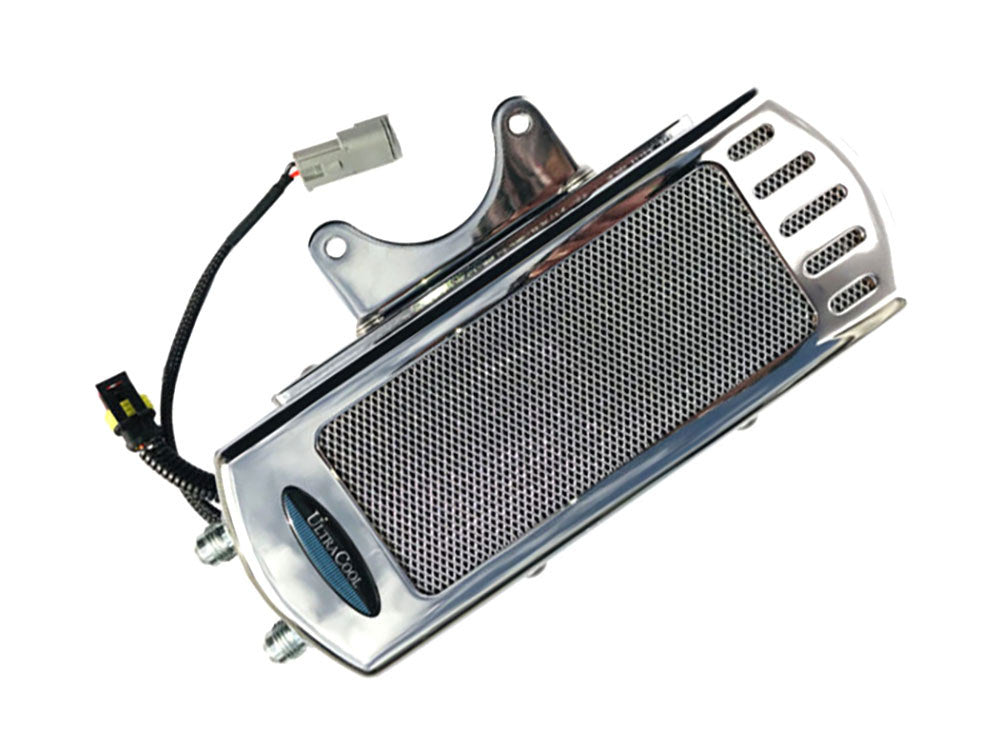 Fan Assisted Side Mount Oil Cooler Kit - Chrome. Fits Touring 2017-2024 with Harley-Davidson Full Size Engine Guard - Ultra Cool