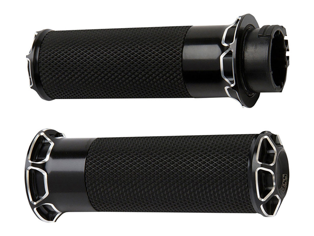 Beveled Fusion Handgrips - Black. Fits Big Twin 2008-2024 with Throttle-by-Wire - Arlen Ness