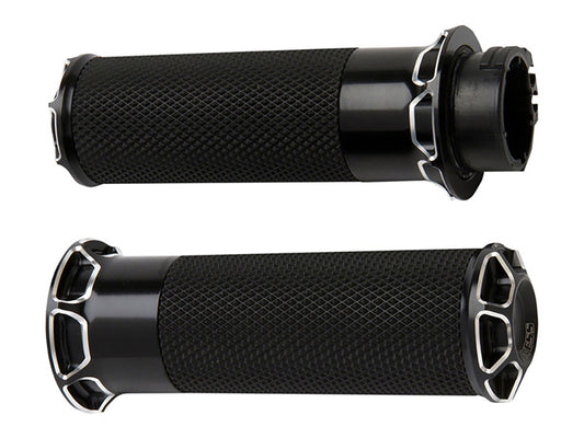 Beveled Fusion Handgrips - Black. Fits Big Twin 2008-2024 with Throttle-by-Wire - Arlen Ness