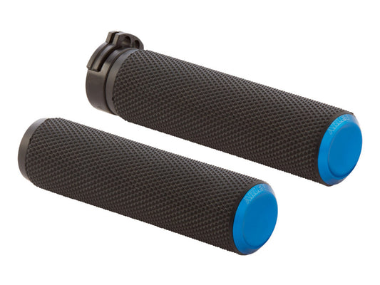 Knurled Fusion Handgrips - Blue. Fits Big Twin 2008-2024 with Throttle-by-Wire - Arlen Ness