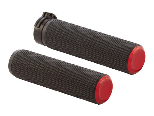 Knurled Fusion Handgrips - Red. Fits Big Twin 2008-2024 with Throttle-by-Wire - Arlen Ness