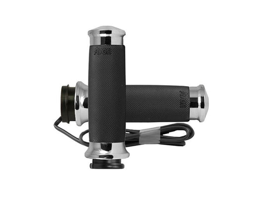Heated Custom Contour Handgrips - Chrome. Fits Big Twin 2008-2024 with Throttle-by-Wire - Avon Grips