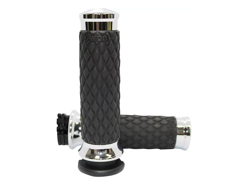 Diamond Contour Handgrips - Chrome. Fits H-D with Throttle Cable - Avon Grips