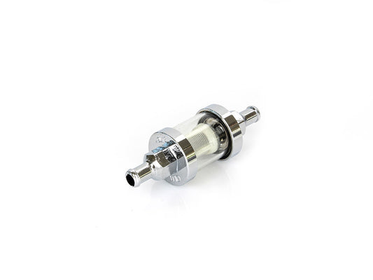 Short See-Flow Glass Inline Fuel Filter with 5/16in. Hose Fitting - Chrome. - Rollies Speed Shop