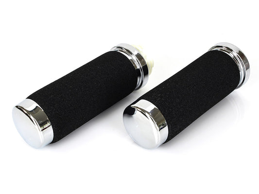 Black Soft Touch Handgrips - Chrome. Fits H-D with Throttle Cable. - Rollies Speed Shop