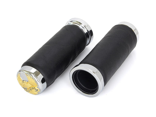 Leather Grips with Gold Eagle Spirit End Caps. Fits H-D with Throttle Cable. - Rollies Speed Shop