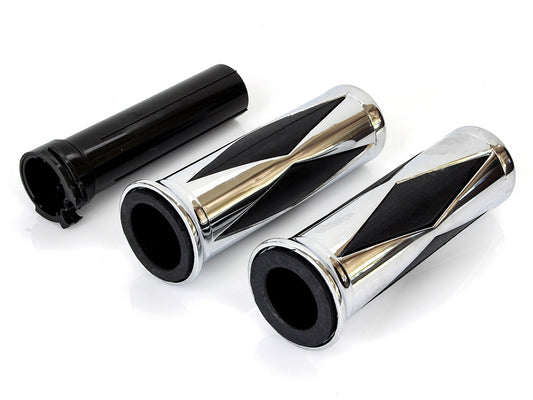 Diamond Style Handgrips - Chrome. Fits H-D with Throttle Cable. - Rollies Speed Shop