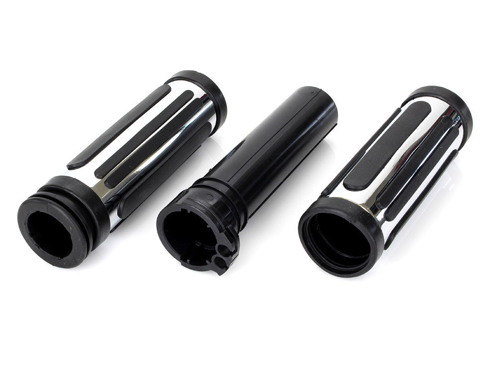 Chrome & Rubber Slotted Style Handgrips. Fits H-D 1996up with Throttle Cable. - Rollies Speed Shop