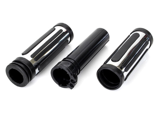 Chrome & Rubber Slotted Style Handgrips. Fits H-D 1996up with Throttle Cable. - Rollies Speed Shop
