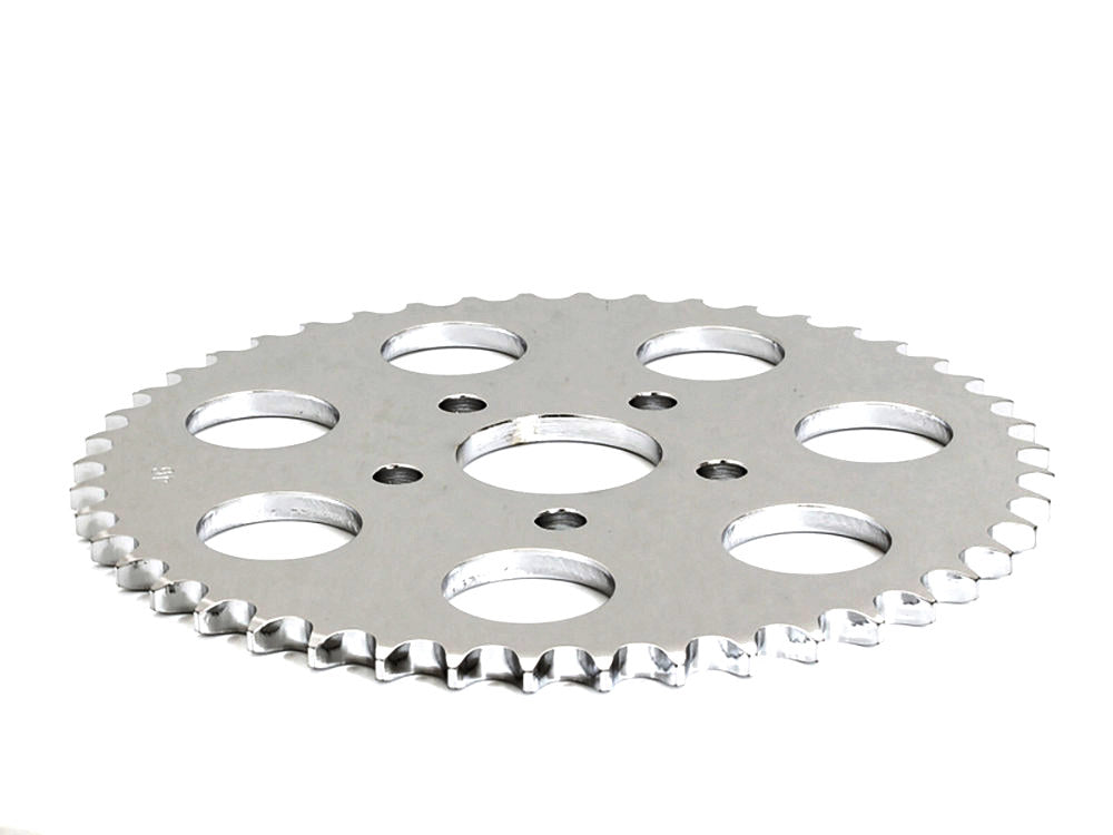 46 Tooth, Flat Steel Rear Chain Sprocket - Chrome. Fits Big Twin 1973-1999 & Sportster 1979-1999. - Rollies Speed Shop