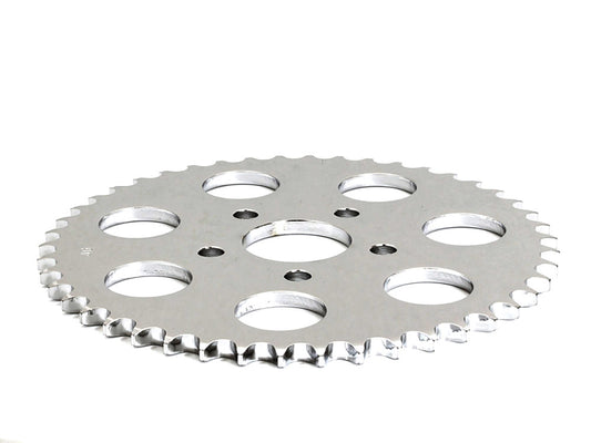 46 Tooth, Flat Steel Rear Chain Sprocket - Chrome. Fits Big Twin 1973-1999 & Sportster 1979-1999. - Rollies Speed Shop