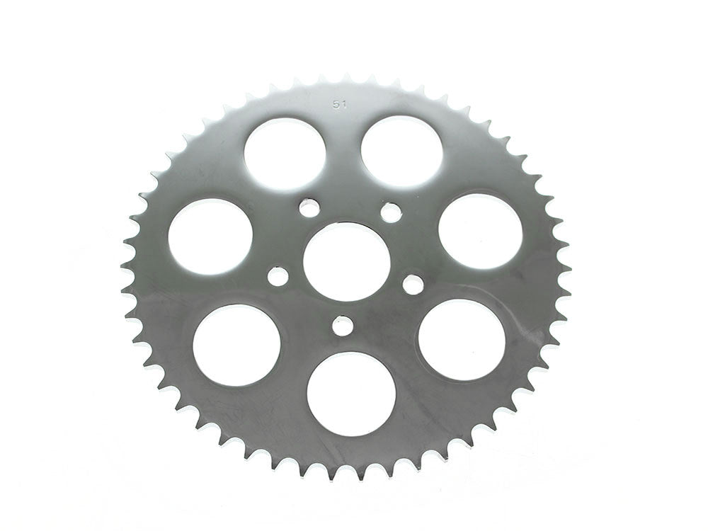 51 Tooth, Flat Steel Rear Chain Sprocket - Chrome. Fits Big Twin 1973-1999 & Sportster 1979-1999. - Rollies Speed Shop