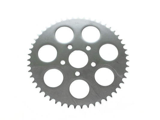 51 Tooth, Flat Steel Rear Chain Sprocket - Chrome. Fits Big Twin 1973-1999 & Sportster 1979-1999. - Rollies Speed Shop