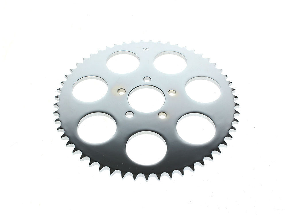 55 Tooth, Flat Steel Rear Chain Sprocket - Chrome. Fits Big Twin 2000up & Sportster 2000-2021. - Rollies Speed Shop