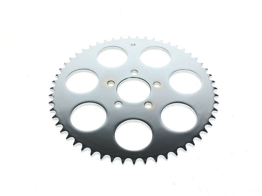 55 Tooth, Flat Steel Rear Chain Sprocket - Chrome. Fits Big Twin 2000up & Sportster 2000-2021. - Rollies Speed Shop