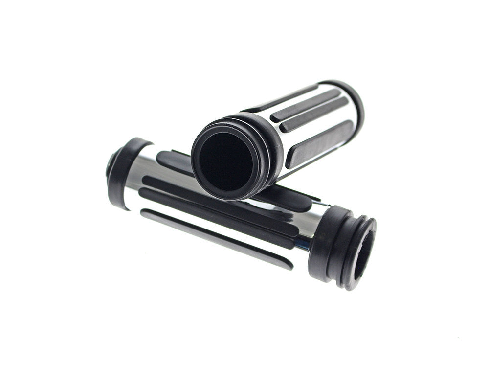 Chrome & Rubber Slotted Style Handgrips. Fits Big Twin 2008-2024 with Throttle-by-Wire - Rollies Speed Shop