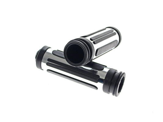 Chrome & Rubber Slotted Style Handgrips. Fits Big Twin 2008-2024 with Throttle-by-Wire - Rollies Speed Shop
