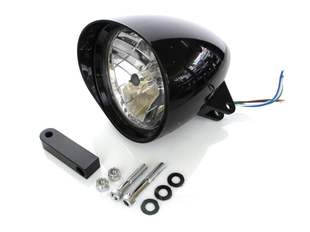 5-3/4in. Bullet Billet Headlight with Visor & Extended Mount - Gloss Black - Rollies Speed Shop