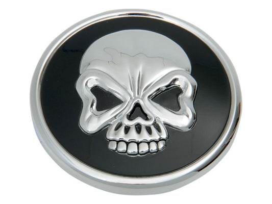 Right Hand Vented Skull Screw-In Fuel Cap - Chrome & Black. Fits H-D Big Twin 1996up & Sportster 1996-2021. - Rollies Speed Shop