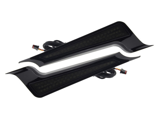 LED Fascia Panels. Red Run/Brake and Amber Turn with Smoke Lens & Black Housing. Fits Street Glide, Road Glide & Road King Special 2014up. - Custom Dynamics