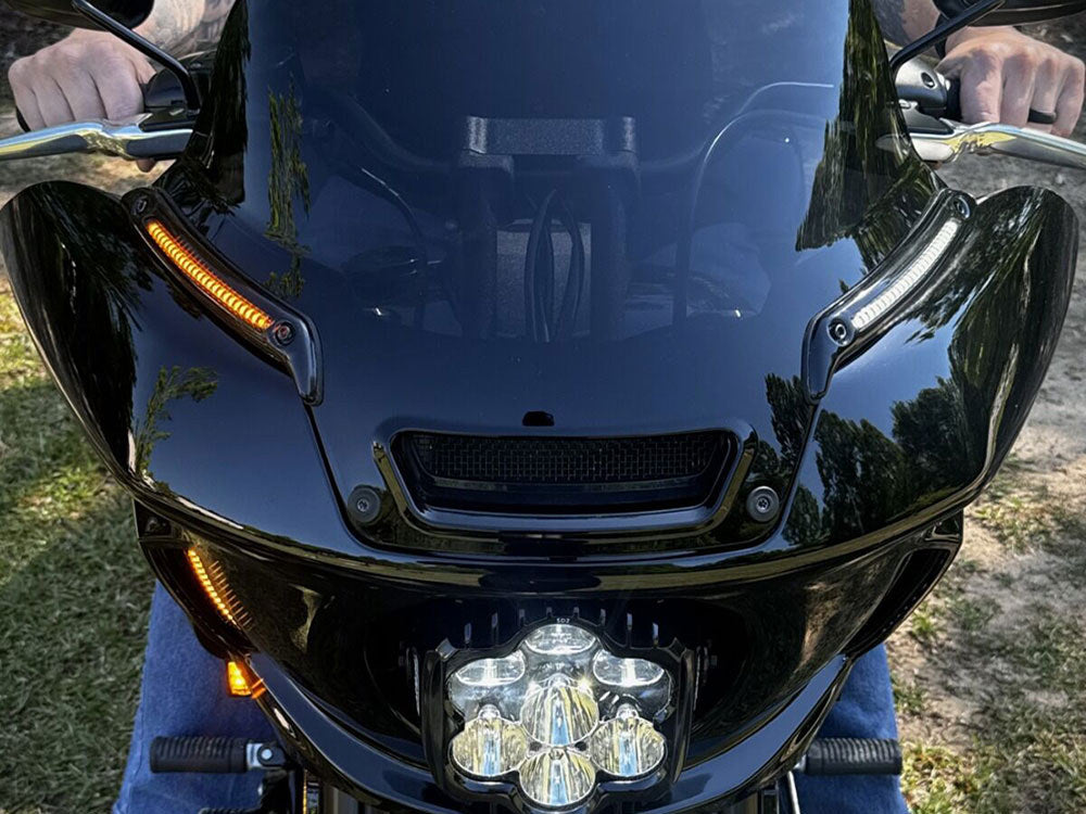 LED DRL Windshield Trim with Sequential Amber Turn, White Run & Smoke Lens - Black. Fits Low Rider ST 2022up - Custom Dynamics