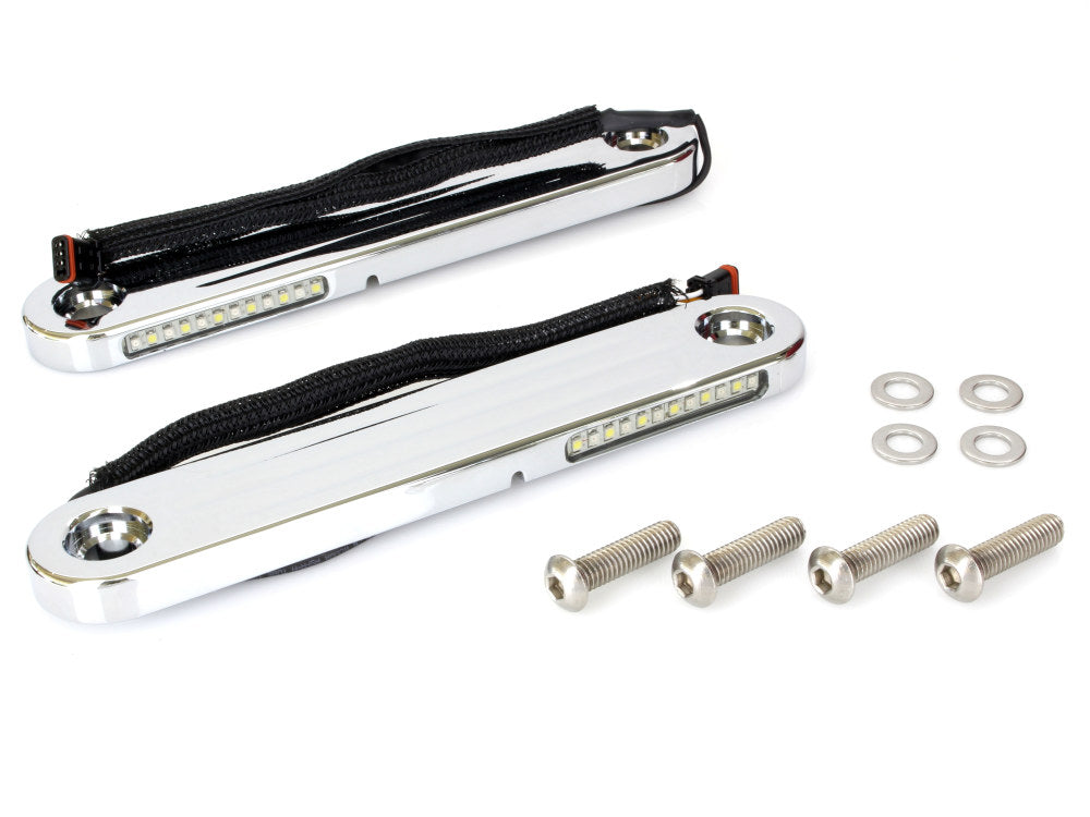 LED Dynamic Strips. Amber Turn with White Run - Chrome Finish. Fits Street Glide 2014up. - Custom Dynamics