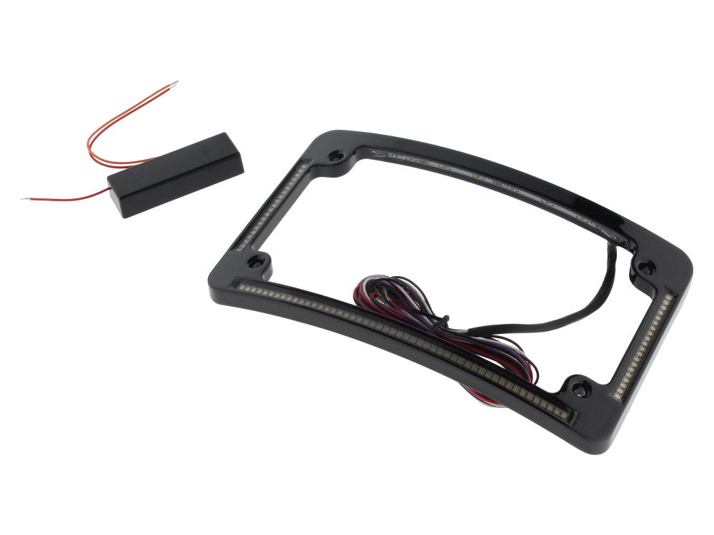 Curved Number Plate Frame with LED Amber Turn Signals & Red Brake Light -Black. - Custom Dynamics