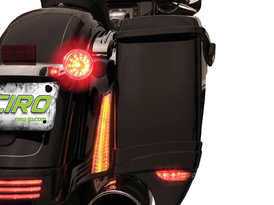 LED Fascia Filler Panel Lights. Red Run & Brake with Amber Turn and Black Housing. Fits Street Glide 2014up, Road Glide 2015up & Road King Special 2017up - Ciro3D