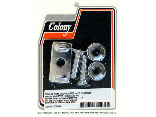 Axle Adjusting Kit with Swing Arm End Plates & Wheel Adjuster Hardware - Chrome. Fits Dyna 1991-2005. - Colony Machine