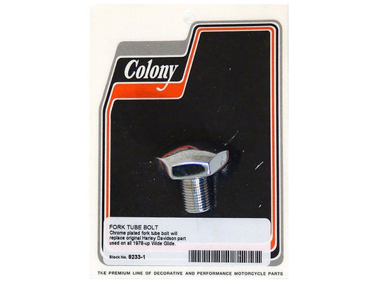 Fork Tube Bolt - Chrome. Fits Big Twin 1978-2017 with Wide Glide Front End. - Colony Machine