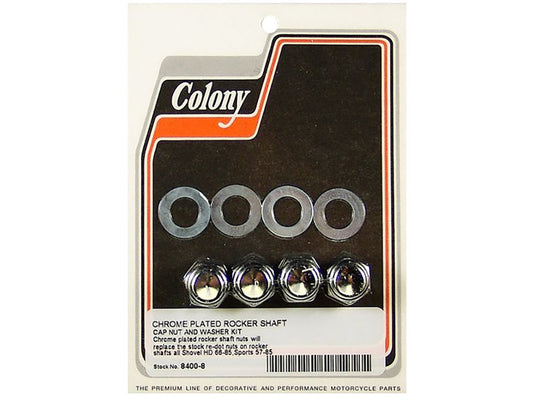 Cap Style Rocker Shaft Nuts - Chrome. Fits Big Twin 1966-1984 & Sportster 1957-1985. - Colony Machine