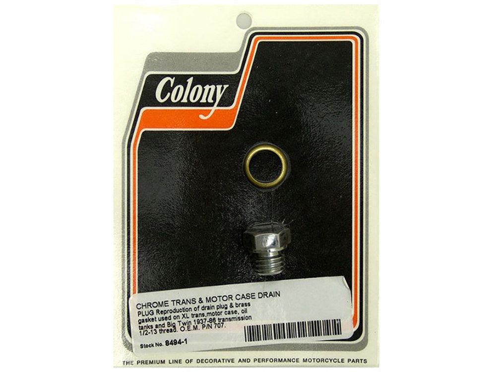 Transmission, Motor Case & Oil Tank Drain Plug - Chrome. Fits 4Spd Big Twin 1941-1986 & Sportster 1967-1980 - Colony Machine