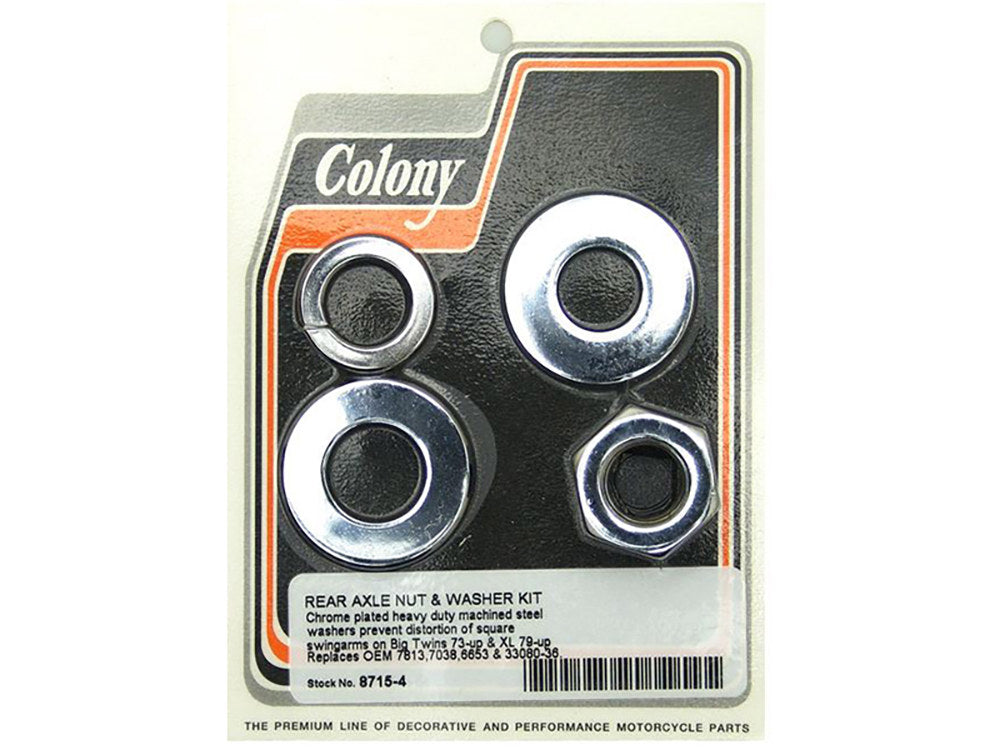 Rear Axle Nut & Washer Kit - Chrome. Fits Big Twins 1973up & Sportster 1979up - Colony Machine