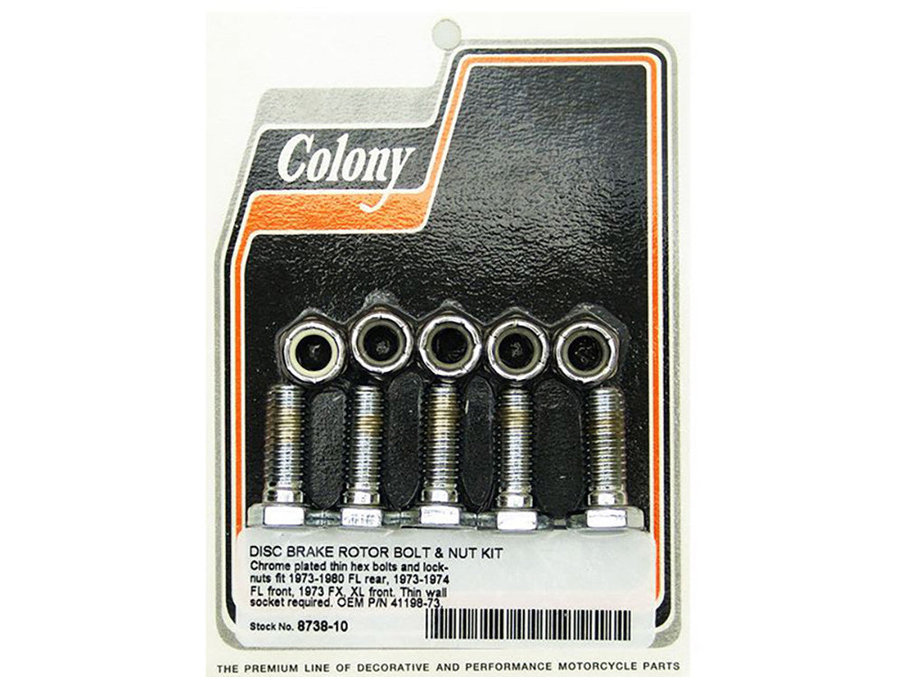 Rear Disc Rotor Bolts - Chrome. Fits Rear on Big Twin 1973-1980 & Front on 4Spd FL 1973-1984 - Colony Machine
