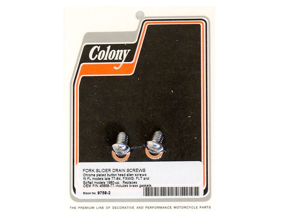 Button Head Allen Fork Slider Drain Bolts - Chrome. Fits Softail 1984-2017, FXWG 1980-1986, Dyna Wide Glide 1993-2005 & Touring 1977-2013 with 41mm Fork Tubes - Colony Machine