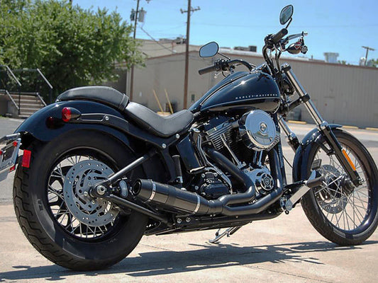 Bob Cat 2-into-1 Exhaust - Black with Black Satin Sleeve Muffler. Fits Softail 1986-2017 & Rocker 2008-2011. - D&D Exhaust