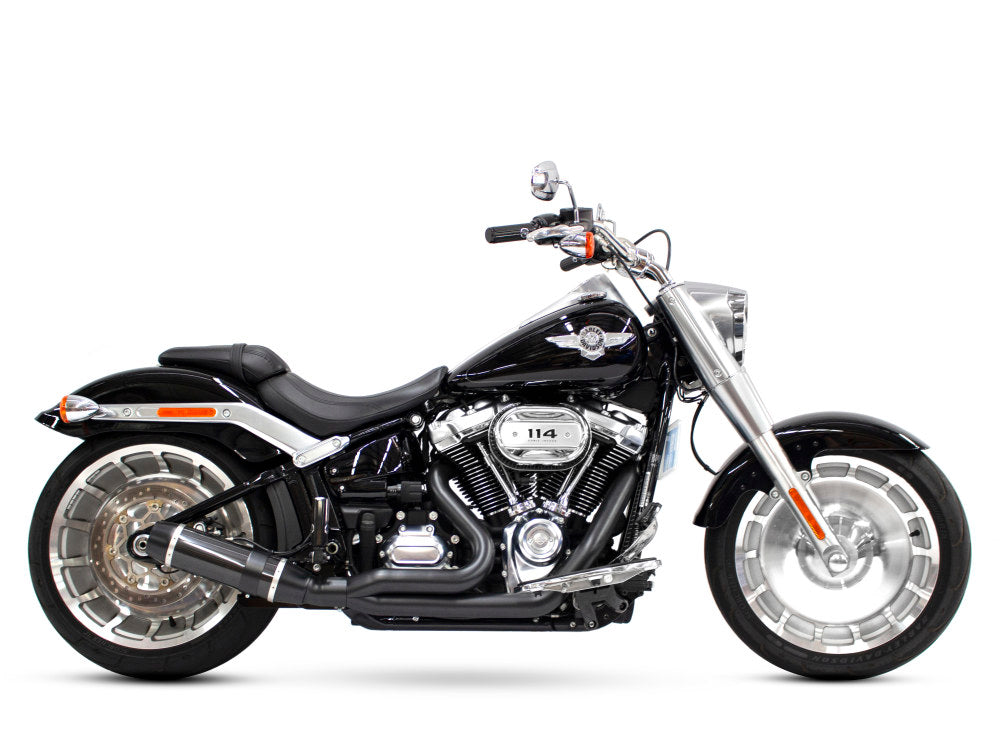 Bob Cat 2-into-1 Exhaust - Black with Carbon Fibre Sleeve Muffler. Fits Breakout & Fat Boy 2018up & FXDR 2019up. - D&D Exhaust