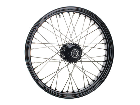 21in. x 3.5in. 40 Spoke Cross Laced Front Wheel - Gloss Black & Chrome. Fits Softail Heritage 2011up, Deluxe 2011-2020, Slim 2012-2021 & Fatboy 2011-2017 - DNA Specialty
