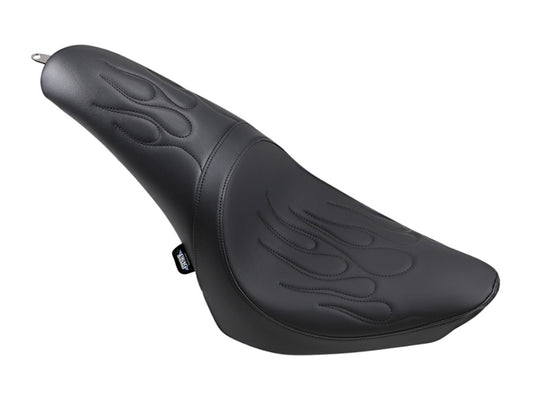 Predator Dual Seat - Flame Solar Leather Black. Fits Softail 2000-2017 with 130 or 150 OEM Rear Tyre - Drag Specialties