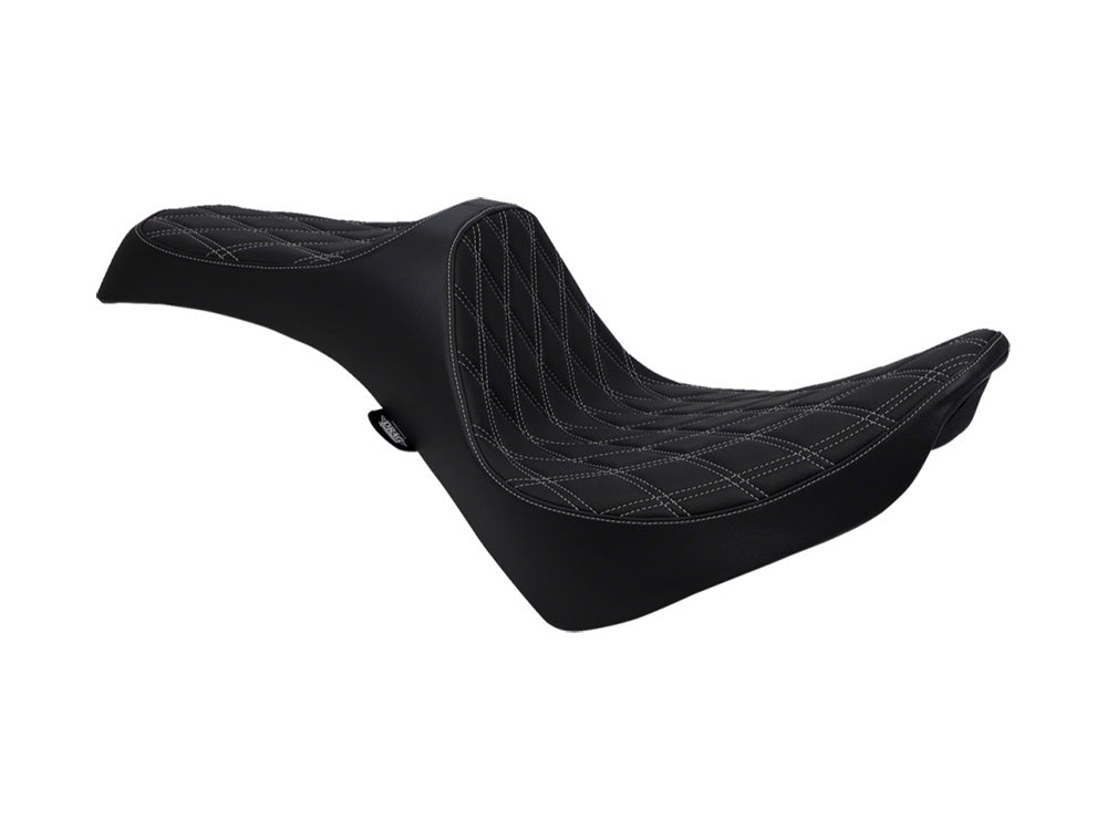 Predator 3 Dual Seat with Silver Double Diamond Lattice Stitch. Fits Softail Deluxe 2018-2020, Slim 2018-2021, Standard 2020-2024 & Street Bob & Heritage Classic 2018up - Drag Specialties