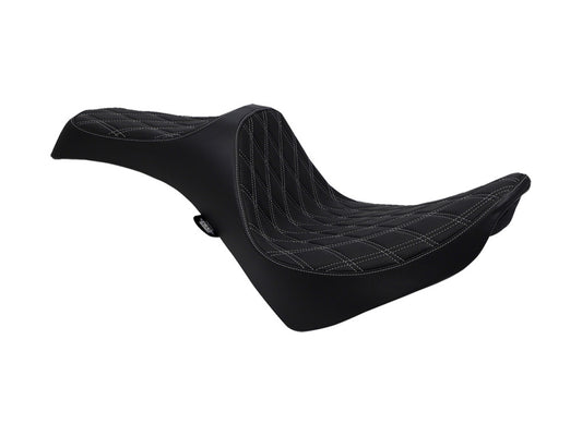 Predator 3 Dual Seat with Silver Double Diamond Lattice Stitch. Fits Softail Deluxe 2018-2020, Slim 2018-2021, Standard 2020-2024 & Street Bob & Heritage Classic 2018up - Drag Specialties