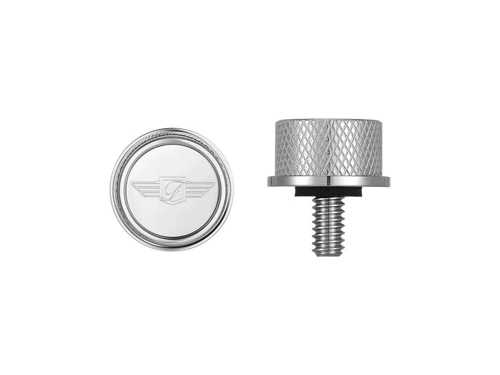 1/4in.-20 Knurled Seat Mount Screw - Stainless with Figurati Designs Logo. Fits H-D 1996up - Figurati Designs
