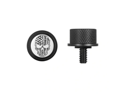 1/4in.-20 Knurled Seat Mount Screw - Black with American Flag Skull. Fits H-D 1996up - Figurati Designs