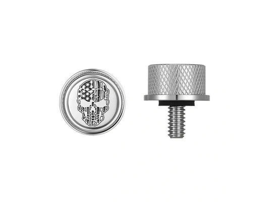 1/4in.-20 Knurled Seat Mount Screw - Stainless with American Flag Skull. Fits H-D 1996up - Figurati Designs