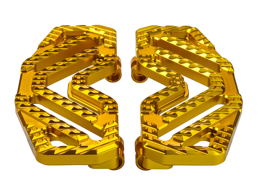 Savage Series Rider Floorboards - Gold. Fits Touring 1980up, FL Softail 1986-2017 & Dyna Switchback 2012-2016 - Flo Motorsports