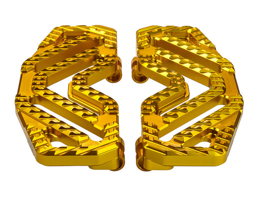 Savage Series Rider Floorboards - Gold. Fits Touring 1980up, FL Softail 1986-2017 & Dyna Switchback 2012-2016 - Flo Motorsports