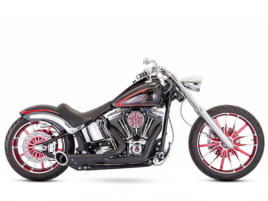 Turnout 2-into-1 Exhaust - Black with Black End Caps. Fits Softail 1986-2017. - Freedom Performance Exhaust