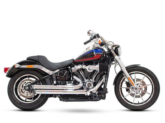 Independence Staggered Slash Exhaust - Chrome with Black End Caps. Fits Softail 2018up. - Freedom Performance Exhaust