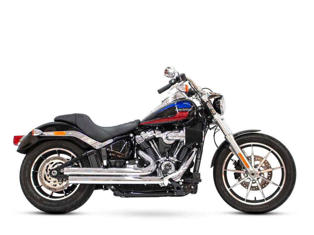 Independence Staggered Exhaust - Chrome with Chrome End Caps. Fits Softail 2018up. - Freedom Performance Exhaust