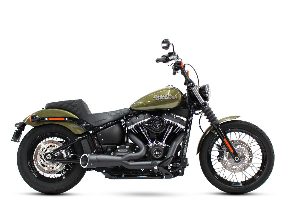 Combat Shorty 2-into-1 Exhaust - Black with Black End Cap. Fits Softail 2018up. - Freedom Performance Exhaust